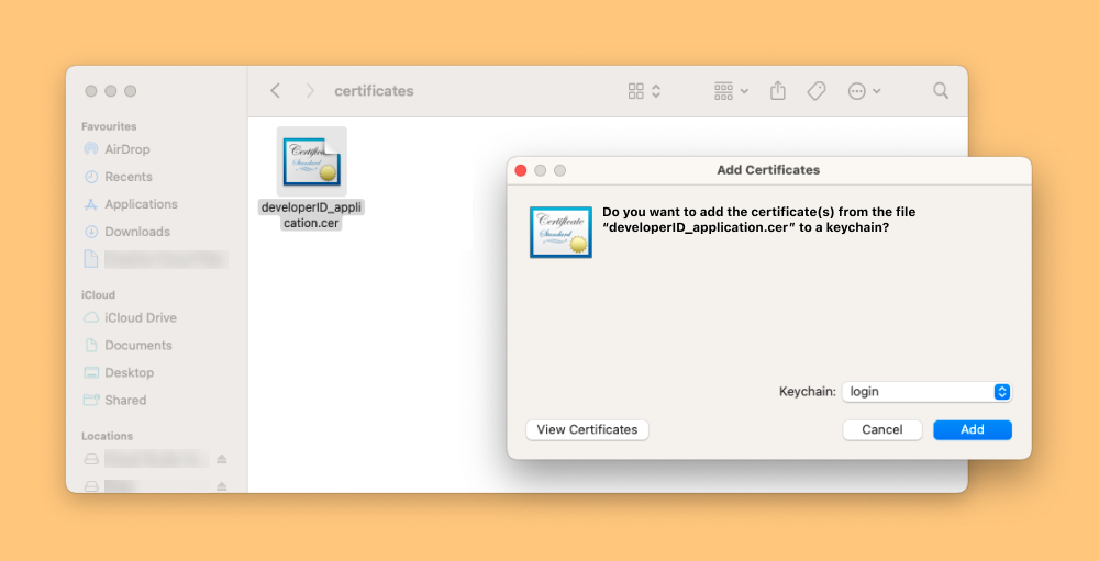 Screenshot of Finder showing the certificate, and the Keychain Access prompt for importing the certificate