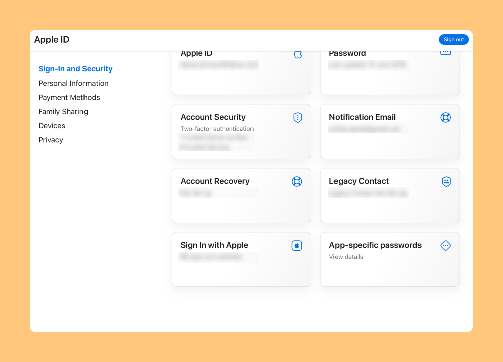 Screenshot of the options on the Sign-In and Security section of the Apple ID page