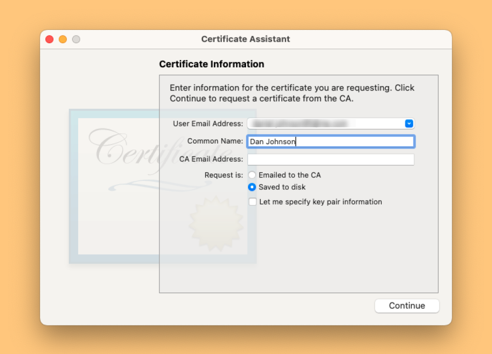 Screenshot of the Certificate Assistant when requesting a certificate