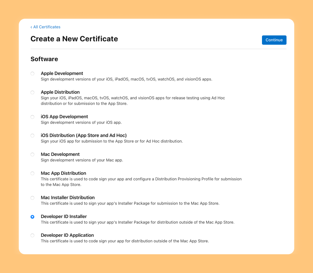 Screenshot of the list of certificate types you can create on the Apple Developer dashboard