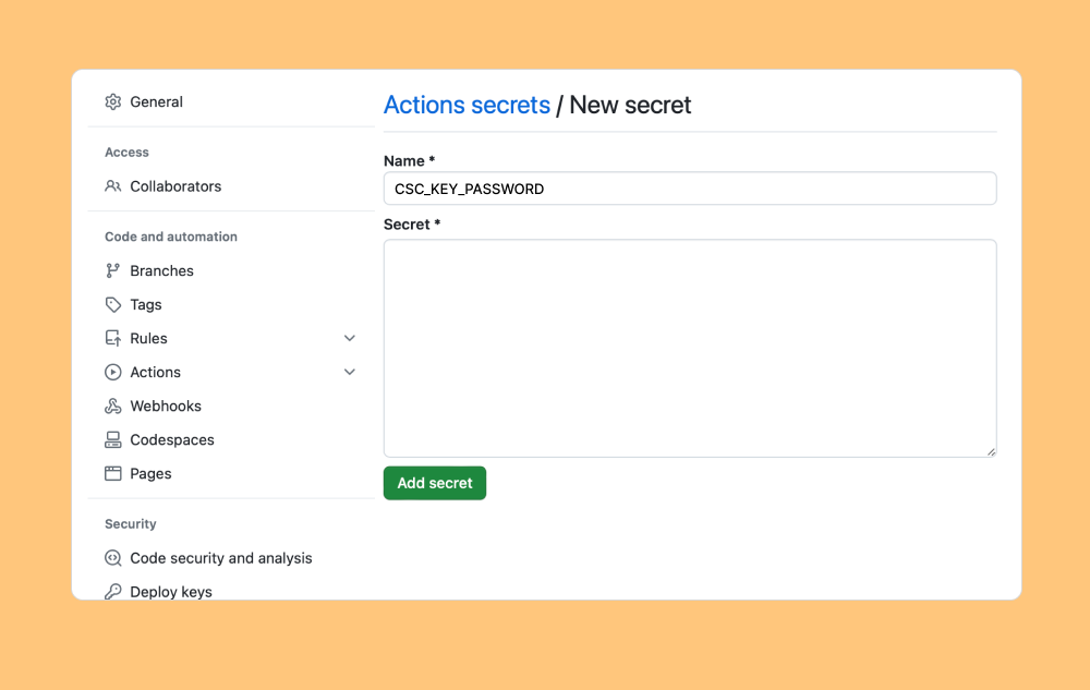 Screenshot of the "New Secret" page in GitHub