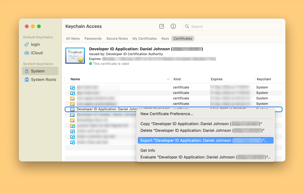 Screenshot of Keychain Access showing the context menu of a certificate