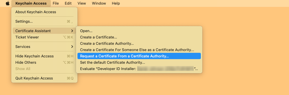 Screenshot of the macOS menubar pointing to Keychain Access -> Certificate Assistant -> Request a certificate from a certificate authority