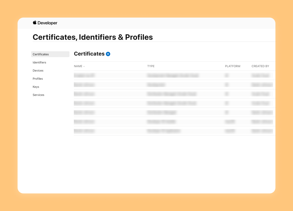 Screenshot of the Certificates, Identifiers & Profiles page in the Apple Developer dashboard