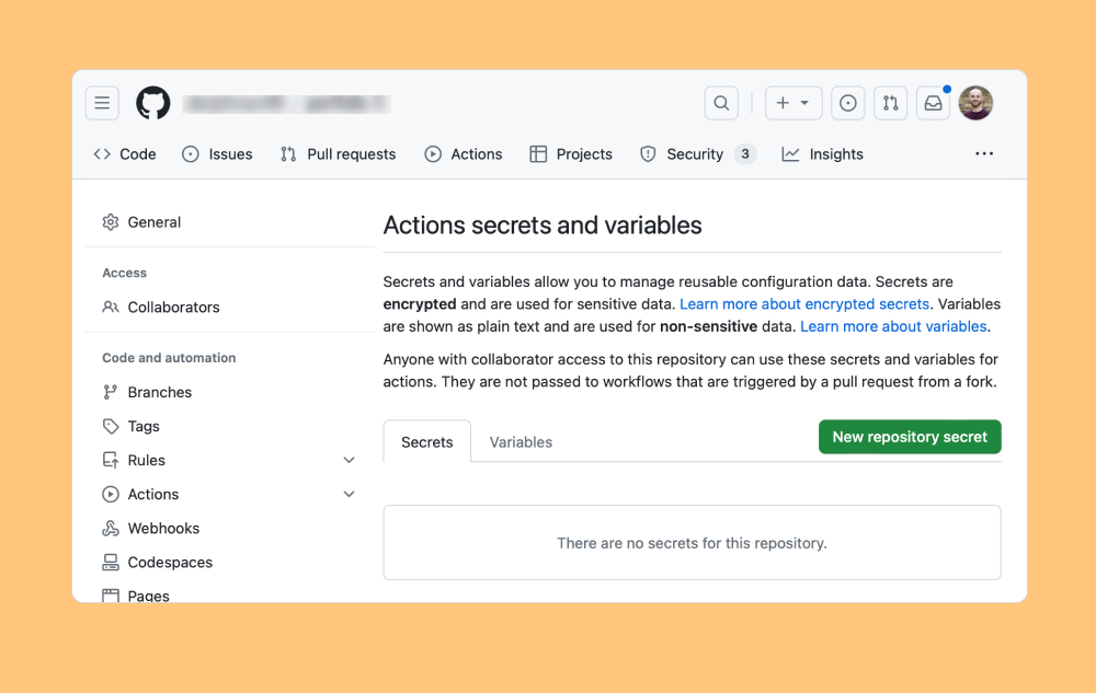Screenshot of the Secrets and Variables page on GitHub
