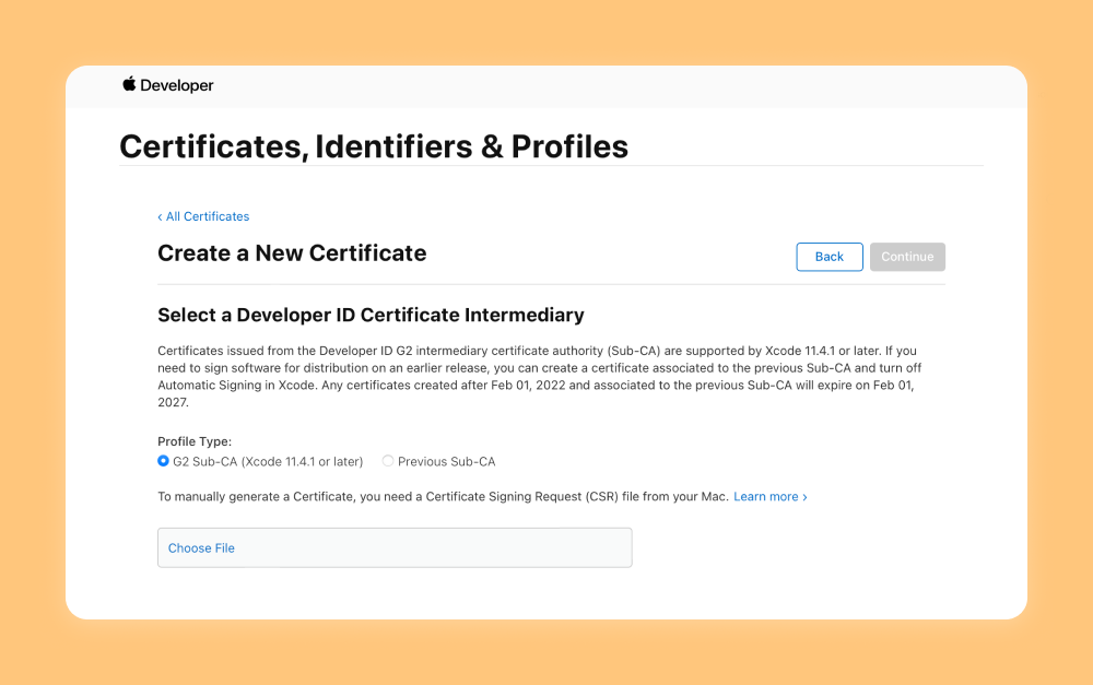 Screenshot of the configuration options when creatin a certificate on the Apple Developer dashboard